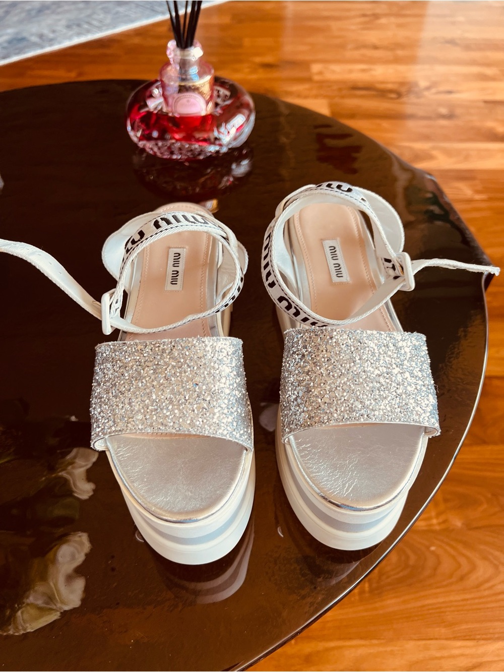 Miu Miu Silver Glitter Logo Ankle-strap Platform Sandals